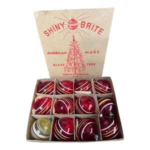 Vintage Christmas Wwii Unsilvered Red Yellow White Glass Ball Ornaments Stripes. Set of 12