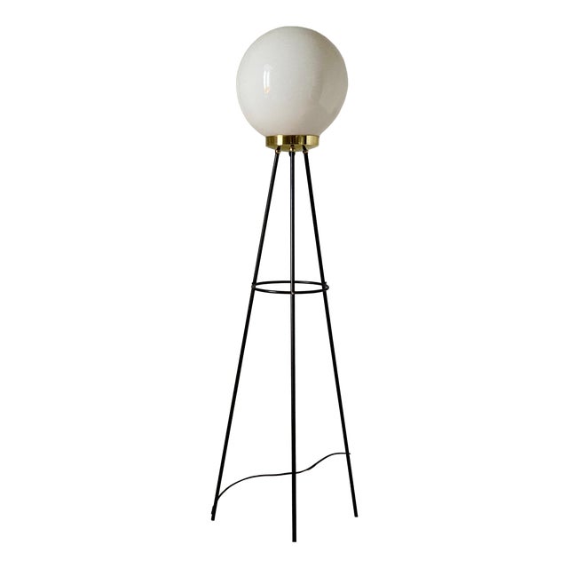 Vintage Floor Lamp in Opaline and Iron in the style of Stilnovo, Italy, 1950s For Sale
