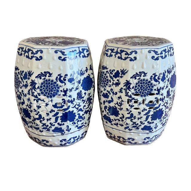 Chinoiserie Blue & White Peony Hexagon Garden Stools - A Pair For Sale - Image 10 of 12