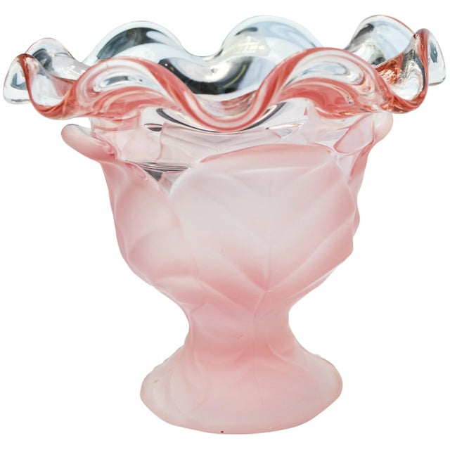 Stunning soft pink glass vase with an intricate textured floral design and ornate details. Marked: Viking Handmade. This...