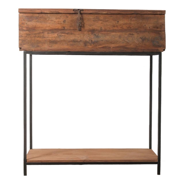 Late 20th Century Indian Wooden Storage Box on Iron Stand With Lift-Top Lid and Rustic Patina For Sale