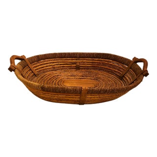 Large Oval Rattan Basket With Wood Handles For Sale
