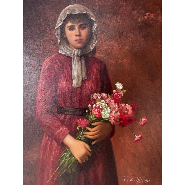 Brown Vintage Painting of Woman With Flowers – Oil on Canvas, Signed For Sale - Image 8 of 12