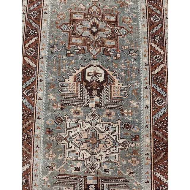 Textile Antique Persian Heriz Runner in Wool With Geometric Medallions in Light Gray Green and Brown For Sale - Image 7 of 12