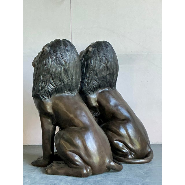 English Early 20th Century Boho Monumental Bronze Lion Statues - A Pair For Sale - Image 3 of 8