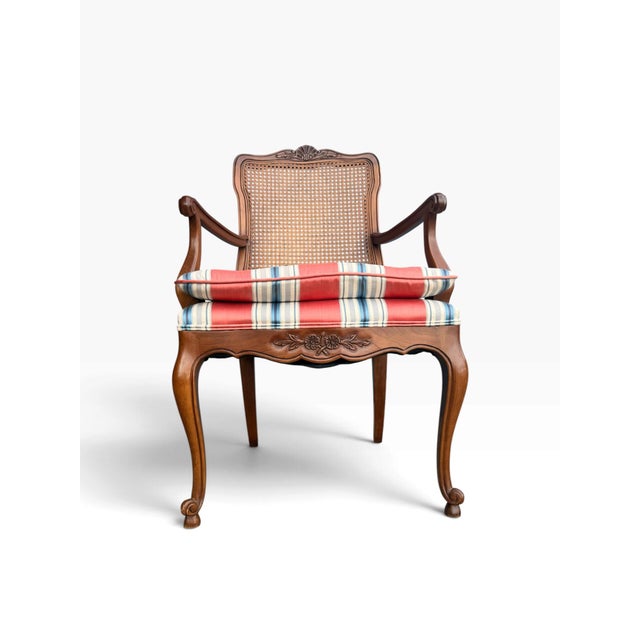 1976 Kindel French Provincial Carved Wood Cane Back Armchairs – Pair For Sale - Image 9 of 16