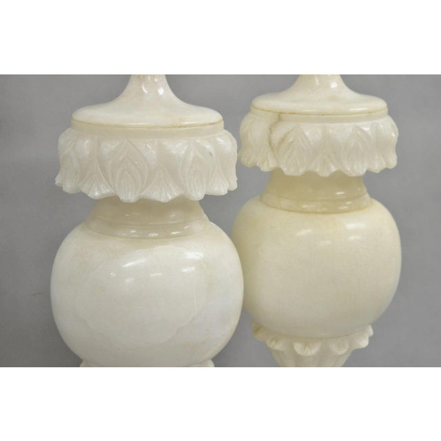 Early 20th Century Early 20th Century Neoclassical Large Carved Solid Alabaster Marble Leaf Bulbous Table Lamps Pair For Sale - Image 5 of 12