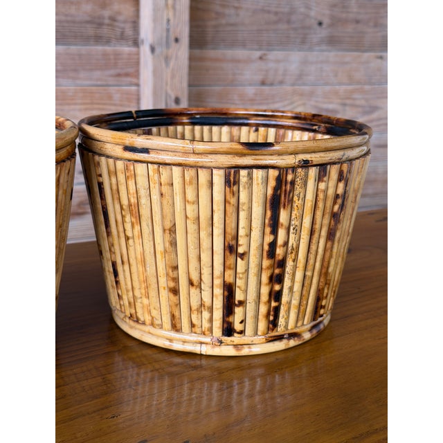 Pair of Vintage Tortoiseshell Bamboo Cache Pots or Planters For Sale - Image 4 of 11