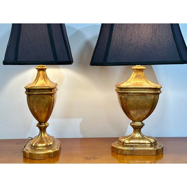 Ornamental & Decorative Materials Antiqued Gold Leaf Urn Form Table Lamps With Black Shades - a Pair For Sale - Image 7 of 10
