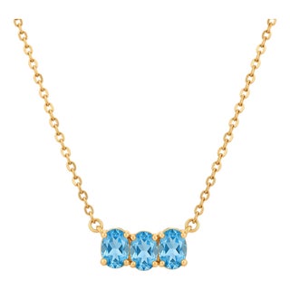 Swiss Blue Topaz Horizontal Necklace | Elegant Three Stone Necklace | December Birthstone Necklace for Woman For Sale