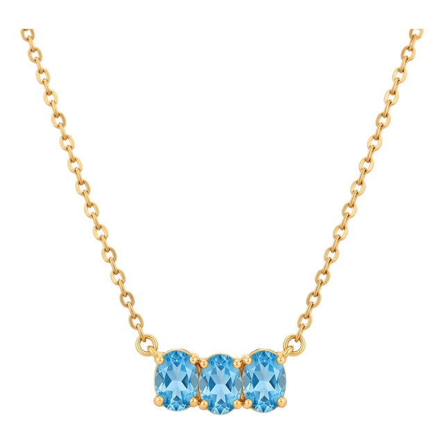 Swiss Blue Topaz Horizontal Necklace | Elegant Three Stone Necklace | December Birthstone Necklace for Woman For Sale