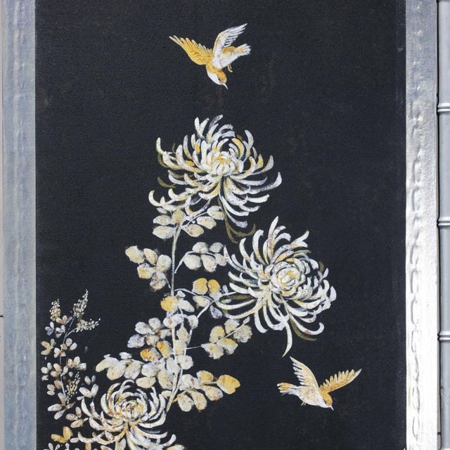 Black Vintage Chinoiserie Four-Panel Folding Screen – Hand-Painted Floral Motif With Silver Faux Bamboo Frame For Sale - Image 8 of 15