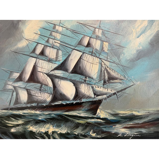 Renato Longanesi - Original Vintage Oil Painting Clipper Ship Stormy Sea Framed For Sale - Image 10 of 12