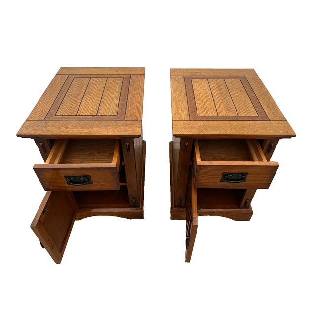 Gorgeous Hand-crafted Pair of Arts and Crafts Mission Style Side Tables, Nightstands with Drawer and Cabinet with shelf,...
