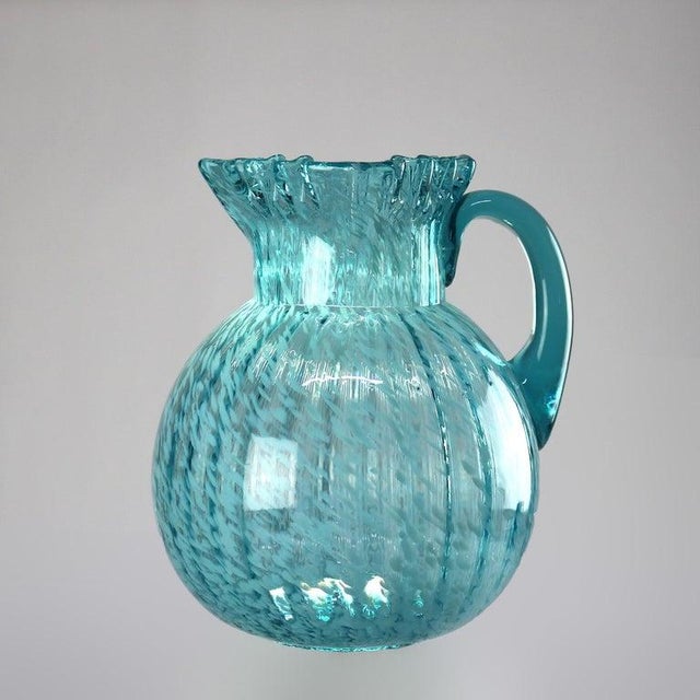 Late 20th Century Art Deco Aqua & Opalescent Splatterware Art Glass Juice Pitcher With Ruffled Rim 20thC For Sale - Image 4 of 5