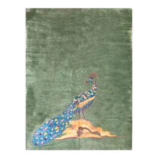 1920s Green Animal Modern Antique Chinese Art Deco Rug 9' X 14' Hand Knotted Pile Wool Carpet For Sale