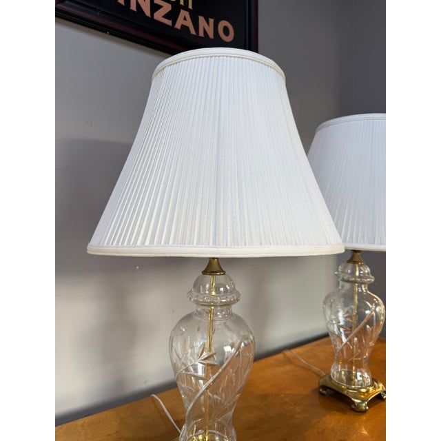 Hollywood Regency Vintage Pair Cut Crystal and Brass Table Lamps With Pleated Silk Shades For Sale - Image 3 of 18