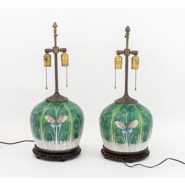 Pair of Chinese Cabbage Leaf Motif Famille Rose Porcelain Jars Mounted as Table Lamps For Sale - Image 9 of 9