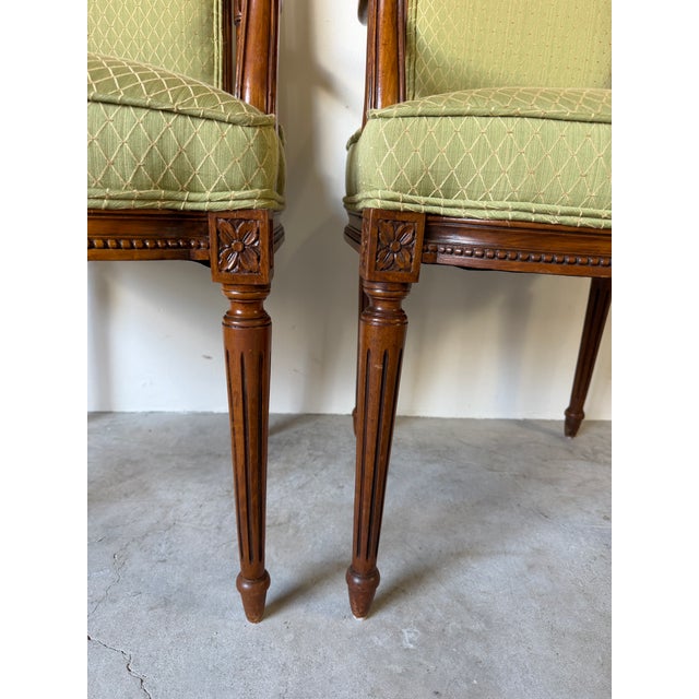 Brown Vintage French Louis XVI Style Carved Walnut Armchairs With Green Upholstery – A Pair For Sale - Image 8 of 12