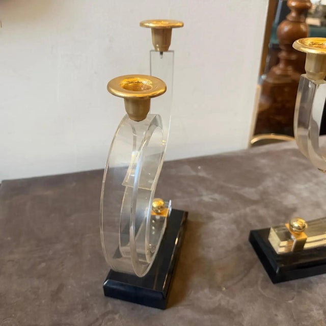 Dorothy Thorpe Two 1970 Mid-Century Modern Black and Clear Lucite and Brass French Candlesticks For Sale - Image 4 of 14