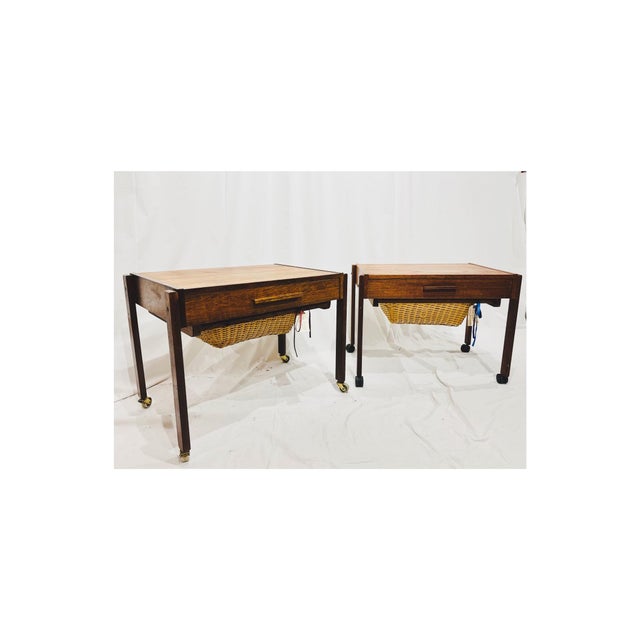 P. Jeppesens Møbelfabrik Mid 20th Century Near Pair of Danish Modern Sewing /Side Tables With Woven Baskets in the Style of p.j. Møbler – Rosewood & Teak For Sale - Image 4 of 11