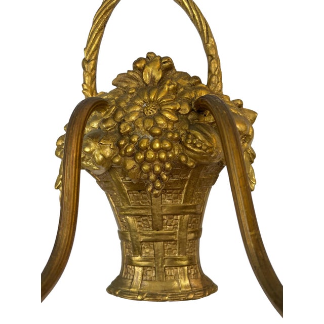 1940s Pair of Vintage French Gilded Bronze Fruit & Flower Basket Wall Sconces, Louis XVI Style For Sale - Image 5 of 10