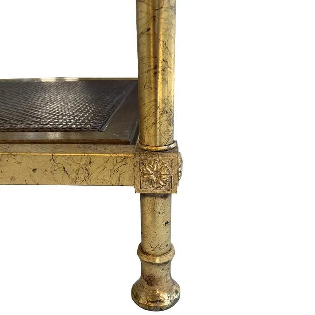 Mid-Century Modern 1970s Gilt Square Side Tables With Smokey Glass and Cane Shelf - a Pair For Sale - Image 3 of 9