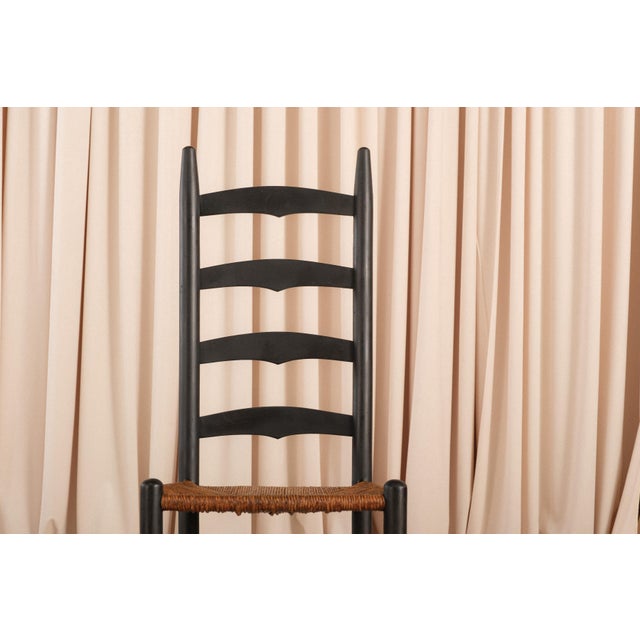 Set of 6 Antique Shaker Ladder Back Dining Chairs | Ebonized Wood, Hand-Woven Rush Seats For Sale - Image 9 of 14