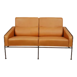 2-Seater Airport Sofa with Cognac Aniline Leather and Brass Frame by Arne Jacobsen for Fritz Hansen, 1960s