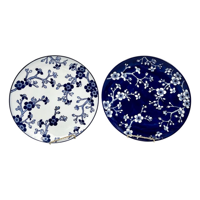 Early 21st Century Williams Sonoma Japanese Garden Cherry Blossom Blue and White Porcelain Plates - Set of 2 For Sale