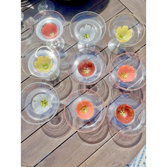 Transparent Vintage Hand Painted Tulip Glass Shrimp Cocktail Set For Sale - Image 8 of 11