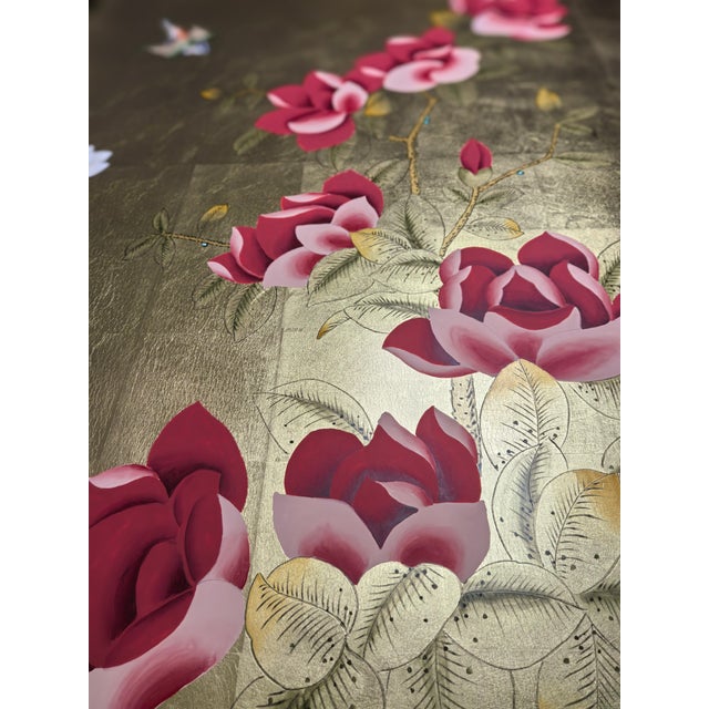 Metal Hand Painted Gold Leaf Chinoiserie Wallpaper Panels, Birds & Florals Mural, Set of 4 Panels, Custom Size Available For Sale - Image 7 of 7
