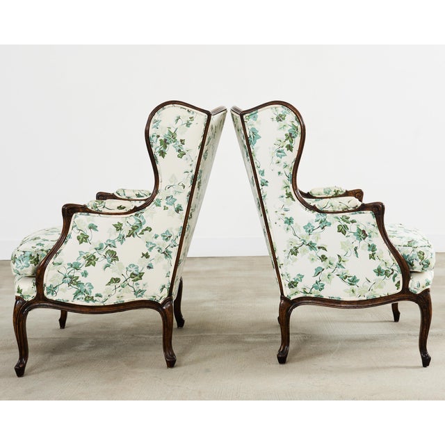 Pair of Country French Provincial Walnut Botanical Wingback Chairs For Sale - Image 4 of 12