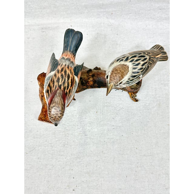 Wood Vintage Hand-Carved & Painted Wooden House Sparrow Bird Sculpture on Driftwood Base For Sale - Image 7 of 12