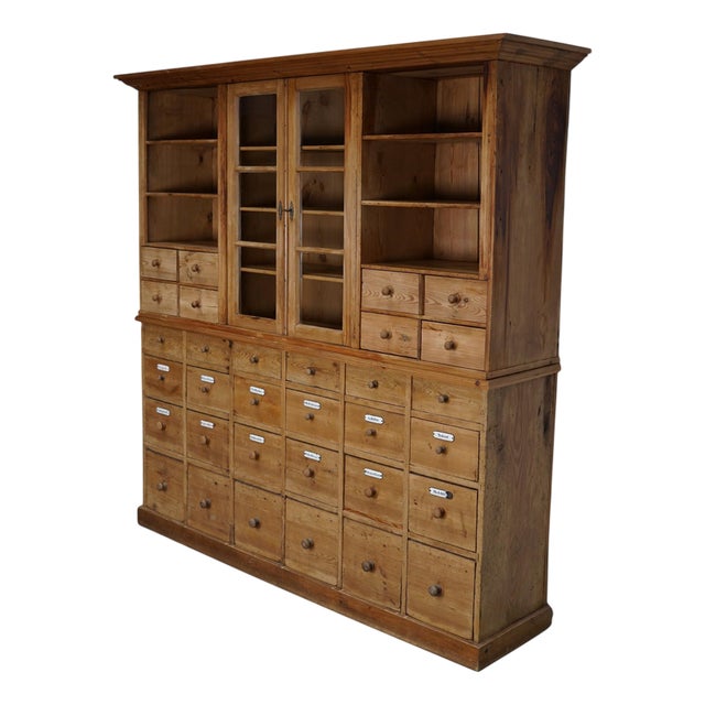 Large Antique Early 20th Century German Pine Apothecary Cabinet For Sale