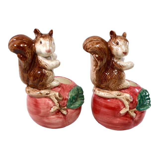 1990 Fitz and Floyd Ceramic Squirrel Candle Holders For Sale