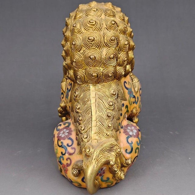 Pair of Vintage Cloisonné Gilt Bronze Guardian Lion Statues With Floral Enamel For Sale - Image 9 of 13