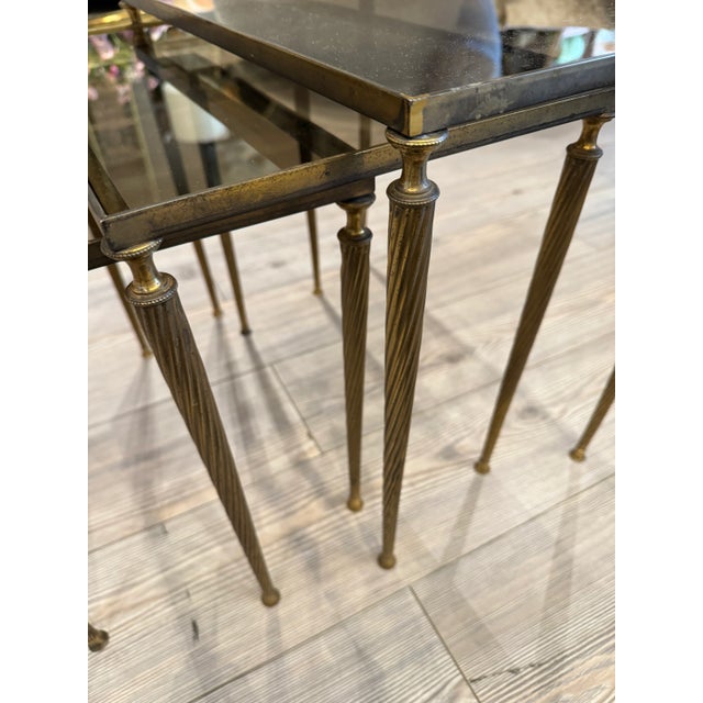 Metal Mid-Century French Brass Nesting Tables With Original Smoke Glass For Sale - Image 7 of 9