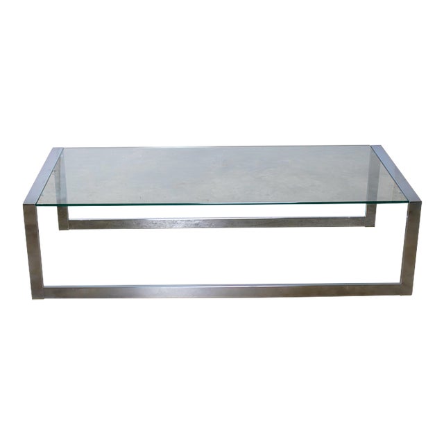 1970’s Mid-Century Modern to Modern Large Coffee Table Rectangular Chrome Tube Frame W/ Sled Base & Glass Top For Sale