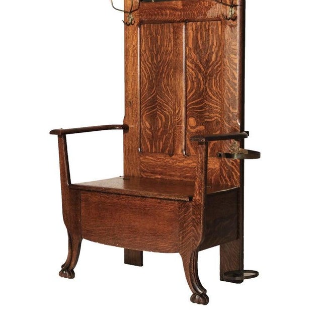 Arts & Crafts Antique Stickley School Arts & Crafts Oak Hall Seat With Mirror & Hook C1920 For Sale - Image 3 of 12