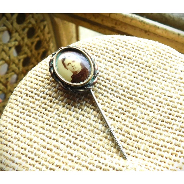Metal Antique European Victorian 9k Gold Sepia Photo Portrait Stickpin For Sale - Image 7 of 13
