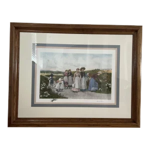 Early 20th Century Vintage Etching by Jas S. King "Berry Pickers" , Framed