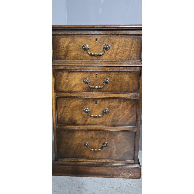 A superb oak lined mahogany double pedestal partners desk of small proportions, nine drawers to one side with brass swan...