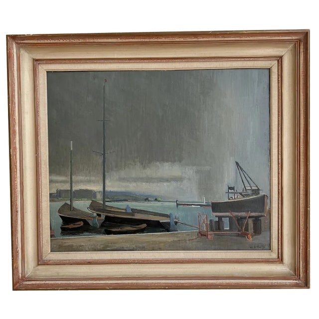 Eugène Louis Martin, Quai Gustav, Ador, la Neptune à Genève, 1946, Oil on Canvas, Framed For Sale