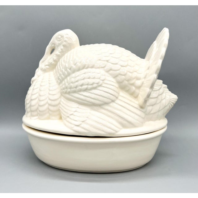 Farmhouse Vintage Ceramic Turkey Tureen Covered Dish – White Glazed Thanksgiving Centerpiece For Sale - Image 3 of 12