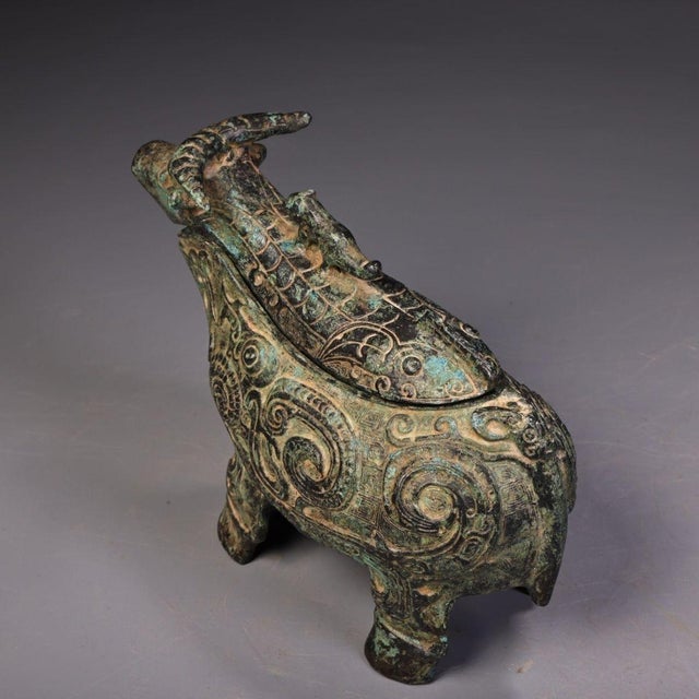 1960s Bronze Ox Ritual Vessel (Gong) With Green Patina - 5.9" Wide For Sale - Image 10 of 10