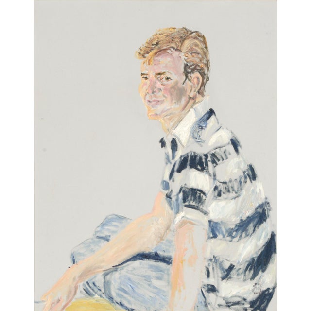 Wonderful 1965 portrait of a young man (possibly the artist Don Bachardy) in a striped shirt looking back over his...