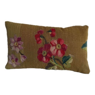1850s Antique Aubusson Floral Lumbar Pillow in Olive Gold Design For Sale