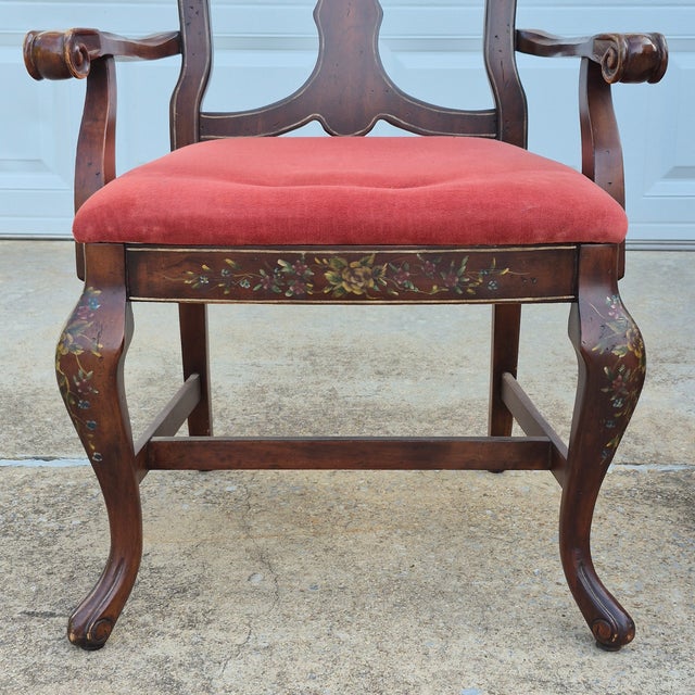 Mid 20th Century Mid-20th Century Vintage Lane Rustic Floral Paint Decorated Walnut Arm Chairs, a Pair For Sale - Image 5 of 18