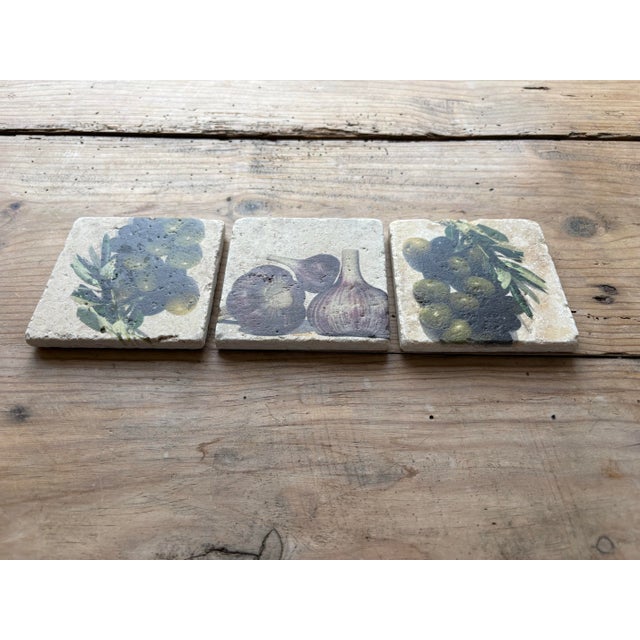 Italian Vintage Italian Olive & Garlic Travertine Stone Coasters, Set of 3 For Sale - Image 3 of 10